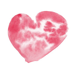 Big pink red watercolor heart, hand drawn, isolated on white background