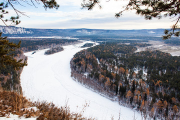 View on the freezing siberian river in winter