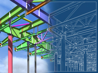 BIM model of metal structure. The building is made of metal structures. Building information model. Architectural, engineering and construction background. 3D rendering. Drawing blueprint.