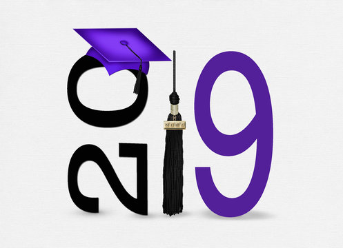 purple graduation cap with black tassel and 2019 text on soft textured background