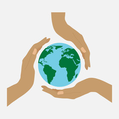 Three hands and earth, concern for the environment, the land in