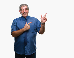 Handsome senior business man over isolated background smiling and looking at the camera pointing with two hands and fingers to the side.