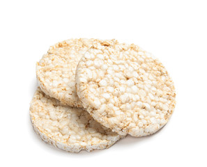 Crunchy rice cakes on white background. Healthy snack