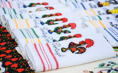 Souvenir towels with embroidery of the Galo de Barcelos (Barcelos Rooster) -  traditional symbol of...