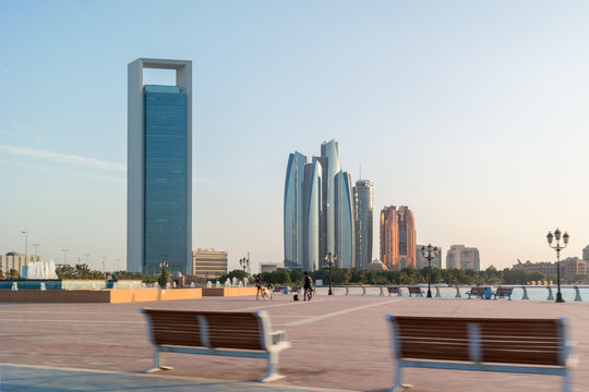 Beautiful view of Abu Dhabi city corniche street, famous skyscrapers, and towers