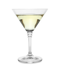 Glass of tasty martini on white background
