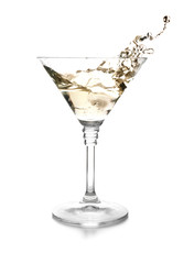 Glass of classic martini with splash on white background