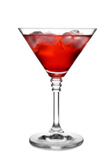 Glass of martini cocktail with ice cubes on white background