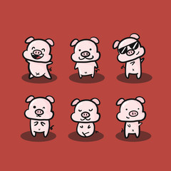 set of funny pig cartoon characters