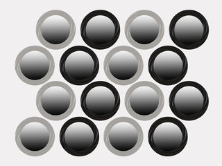 Wall of a group of round white and black mirrors on a white background 3d rendering