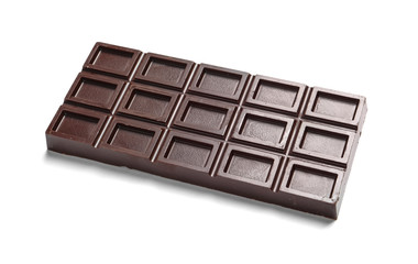 Tasty dark chocolate bar on white background
