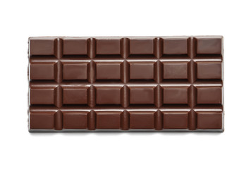 Tasty dark chocolate bar on white background, top view