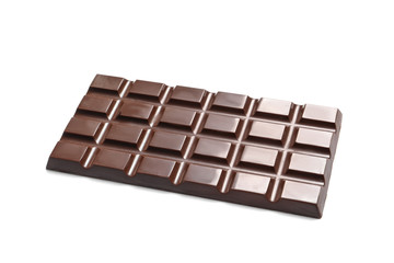 Tasty dark chocolate bar on white background