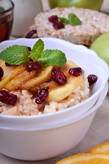 Porridge with caramelized apples and dried cranberries topped with mint surrounded by breakfast ingredients