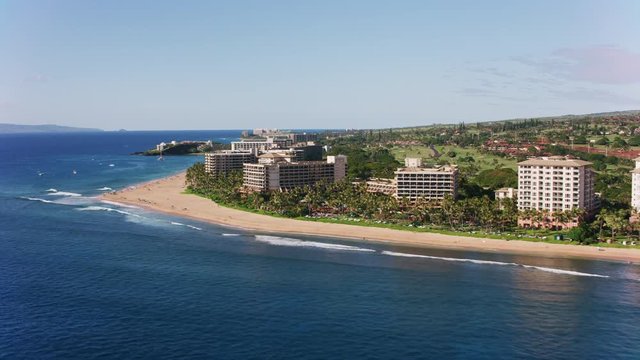 Maui, Hawaii circa-2018.  Aerial view of Kaanapali, Maui.  Shot with Cineflex and RED Epic-W Helium. 