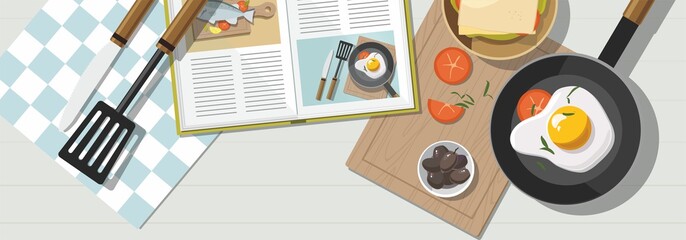 Cooking consept, Different dishes and food. Top view.  Vector Illustration - 243539137