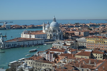 Fototapeta na wymiar Aerial Views From The Bell Tower Campanille Of The Health Basilica Of Venice. Travel, Holidays, Architecture. March 27, 2015. Venice, Region Of Veneto, Italy.