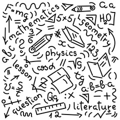 School writing supplies, books, pencils, names of school subjects, formulas. Vector Doodle hand-drawing.