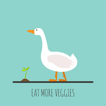 Flat goose with sprout. Flat goose icon. Eat more veggies. Vector illustration.