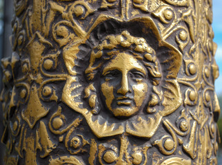 Bronze engraved face on a light post in Paris France