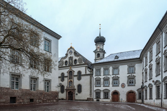 Church of All Saints, former Church of the Jesuits (Jesuitenkirche), founded by the Order in 1571 on Stiftsplatz in Hall in Tirol, Austria