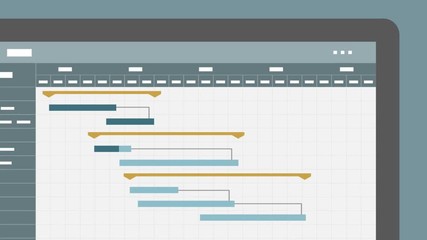 zoom on a computer screen with a project management gantt chart, animation with completion of all tasks (3d render)