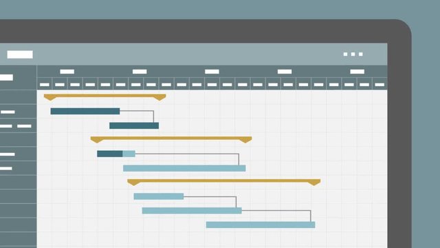 zoom on a computer screen with a project management gantt chart, animation with completion of all tasks (3d render)