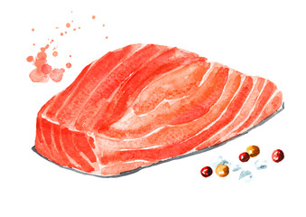 Salmon fish fillet. Watercolor hand drawn illustration, isolated on white background