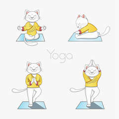 Naklejka premium White cat in clothes is engaged in yoga on the rug in various poses. Set of illustrations on a white background.