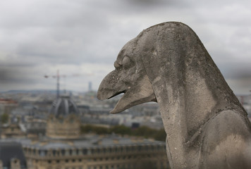 ancient statue on the cathedral of Notre Dame in Paris on the top of the church