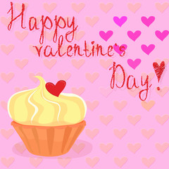 Sweet cake with a yellow delicate cream decorated with a heart on a background with hearts and the inscription Happy Valentine's Day