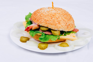 Tasty European snack hamburger sesame bun with ham 