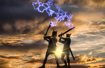 Mythical duel between two Old Norse Gods (one holding an ax and the other holding a sword), blue lightning strikes at them, background: gloomy sunset sky with menacing clouds and bright sun - obrazy, fototapety, plakaty