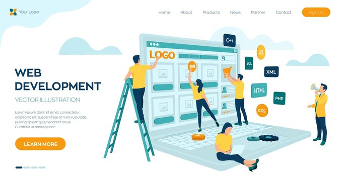 Web development. Project team of engineers for website create. Webpage building. UI UX design. Characters on a concept. Web agency. Template for programmer or designer. Vector illustration.