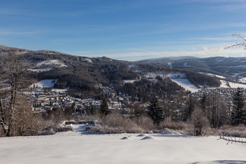 Majestic sunset in the winter mountains landscape. Dramatic sky.