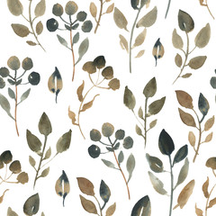 Watercolor illustration of brown leaves. Seamless pattern of dried leaves on white background.