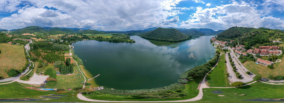 The lake Piediluco in Umbria, Italy. Equirectangular panorama 360&deg;