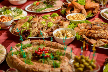 Exquisite wedding table with snacks, Cossack table