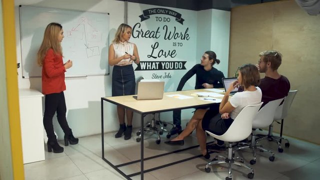 Two young women show details on whiteboard and propose new startup ideas causing a strong reaction from colleagues