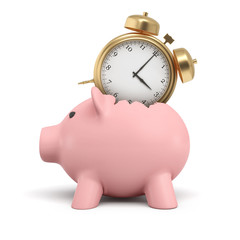 3d rendering of a money box in the shape of a pig with its back split open and a vintage golden alarm clock sitting in it.