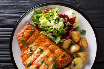 Grilled swordfish fillet with fried potatoes and fresh salad close-up on a plate on a table. horizontal top view