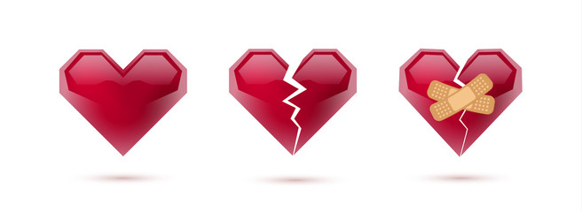 Broken hearts vector set of 3d realistic icons and symbols. Isolated in white background. Vector illustration