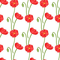 Poppy seamless pattern. Red poppies with green leaves on white background. Can be uset for textile, wallpapers, prints and web design. Vector illustration