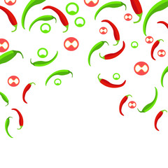 Chilli pepper frame green red in white background. Template with round slices and whole peppers. Vector flat illustration. Vegetable backdrop. Food banner with space