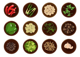 Doodle spices and herbs, top view in bowl on white background. Vector illustration set for your design.