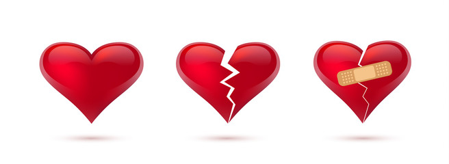 Fototapeta premium Broken hearts vector set of 3d realistic icons and symbols. Isolated in white background. Vector illustration