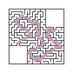 Black square maze with entrance and exit. An interesting and useful game for children. Simple flat vector illustration isolated on white background. With a place for your drawings. With the answer.