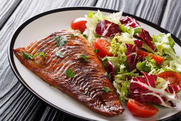 Healthy food baked pike fillet and fresh salad close-up on the table. horizontal