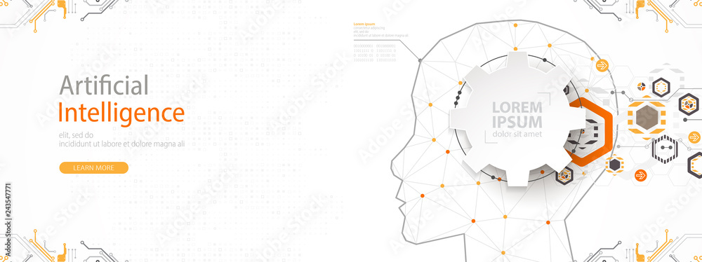 Aufkleber Artificial intelligence (AI) and big data concept. Machine cyber mind.  Humen face with binary data flow. Technology vector background.