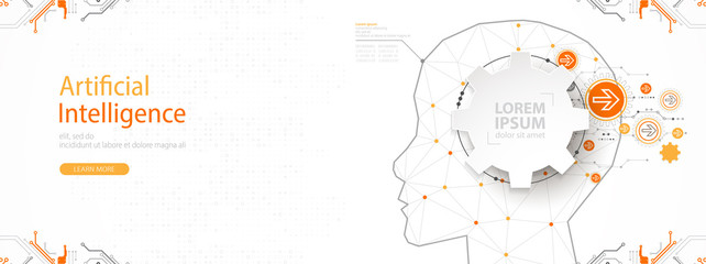 Naklejka premium Artificial intelligence (AI) and big data concept. Machine cyber mind. Humen face with binary data flow. Technology vector background.